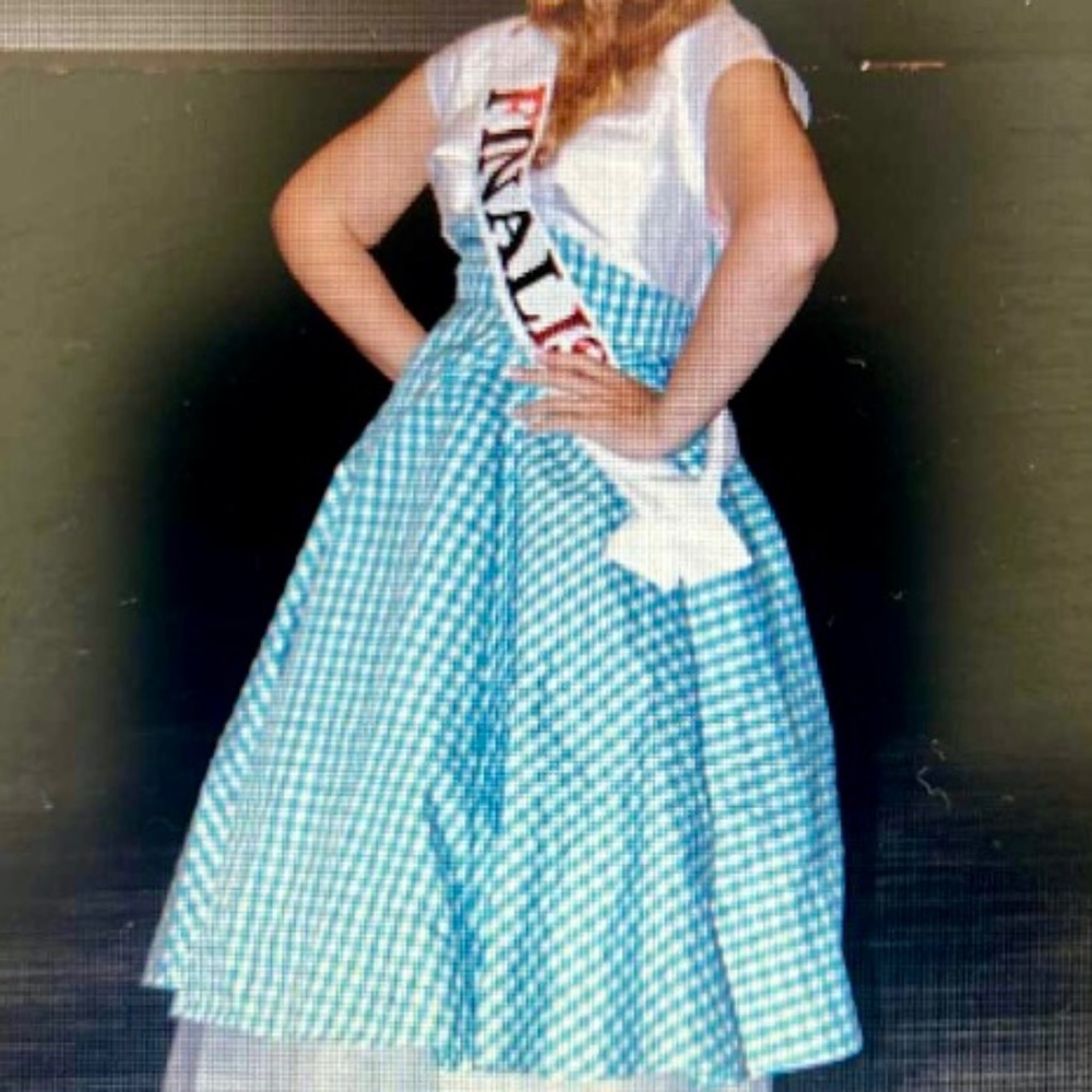 Bespoke Dorothy Inspired Taffeta Tea Length gown in White & Aqua Gingham S/M